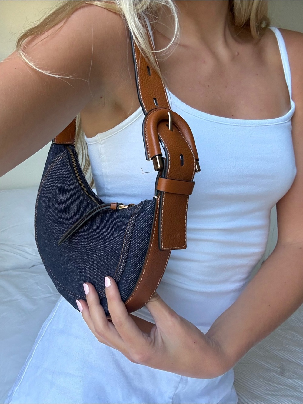 FOSSIL Harwell Crescent Bag Blue denim Shoulder Bag, real leather